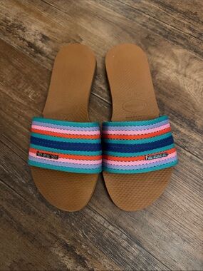 Havaianas Striped Multicolor Slide Sandals - Brown Footbed
